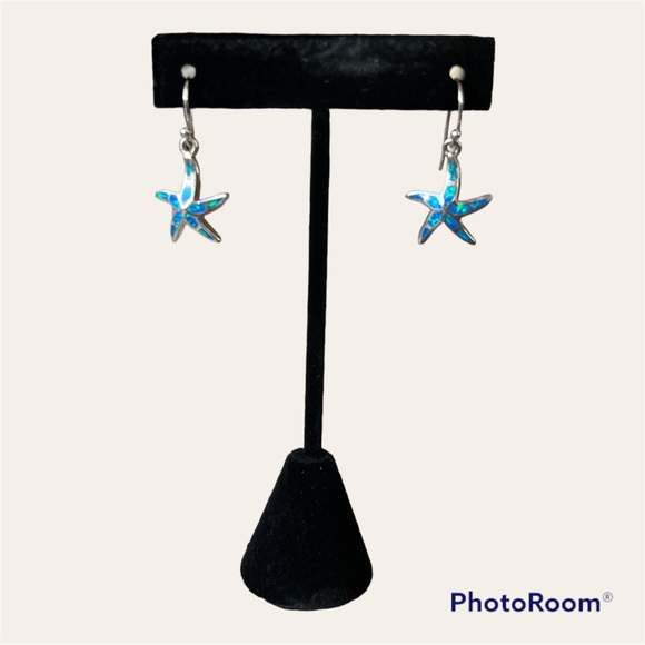 Sterling Silver Starfish Earrings with Hooks and Inlaid Blue Lab Creates Opal - Picture 3 of 3